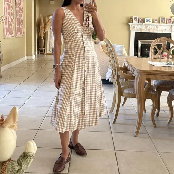 Reformation Sebastian linen Gingham Midi Dress in Cream and Tan Sz 8 - Picture 1 of 11